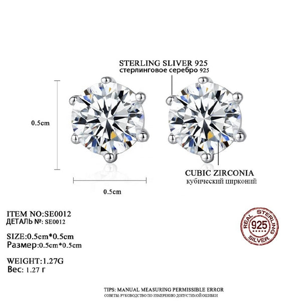 Luxury Six Claw Round Shape Cubic Zirconia Stud Earrings 925 Sterling Silver Stud Earrings for Women