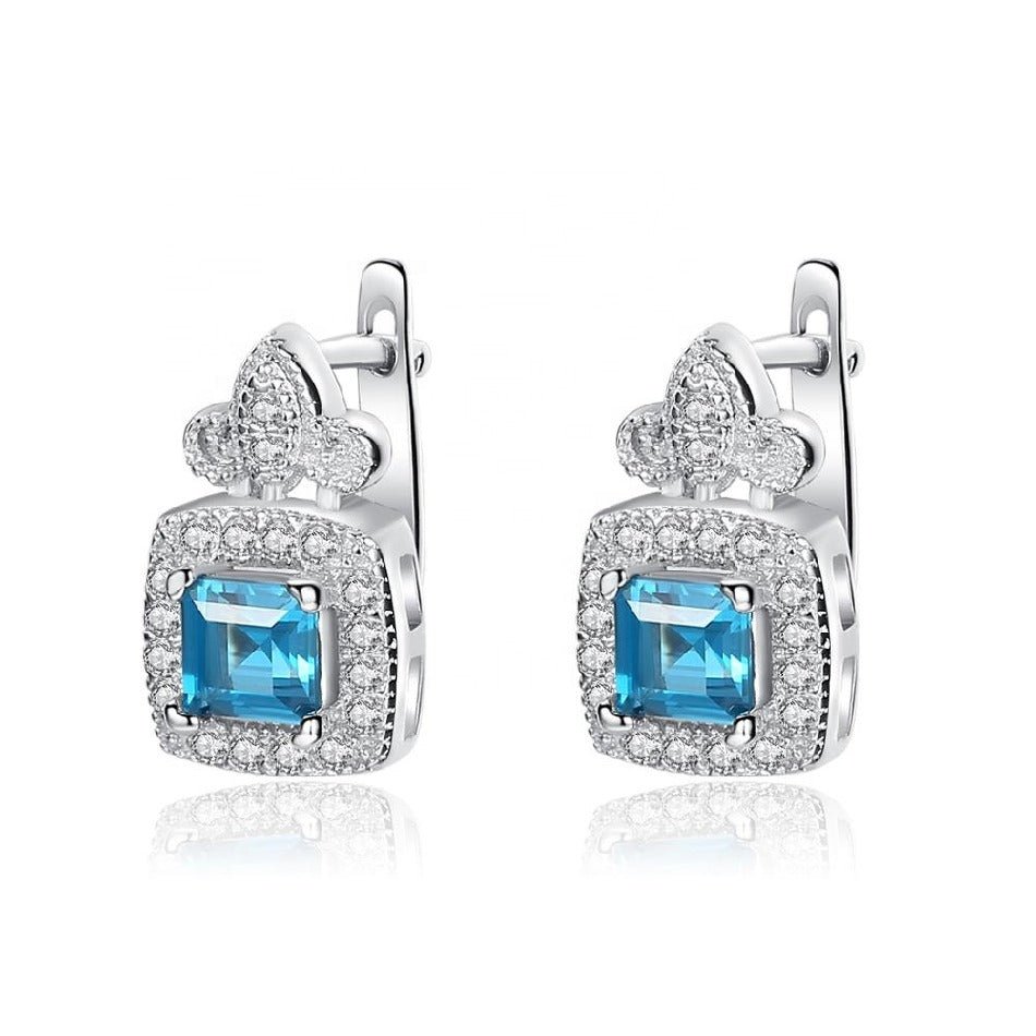 925 Sterling Silver Sky Blue Crystal Geometric Stud Earrings for Women Luxury Cubic Zirconia Earring Jewelry