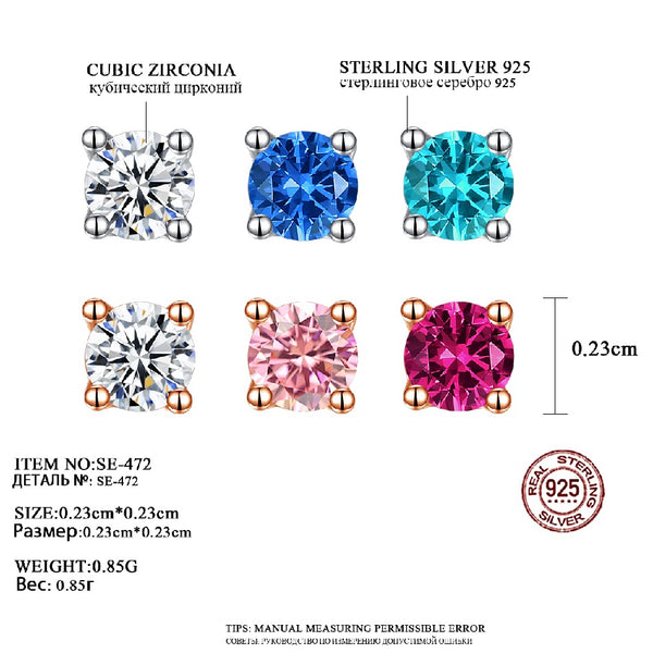 Fashionable 925 Sterling Silver Earrings 6colors Cubic Zirconia CZ Stud Earrings for Women Party Daily Jewelry