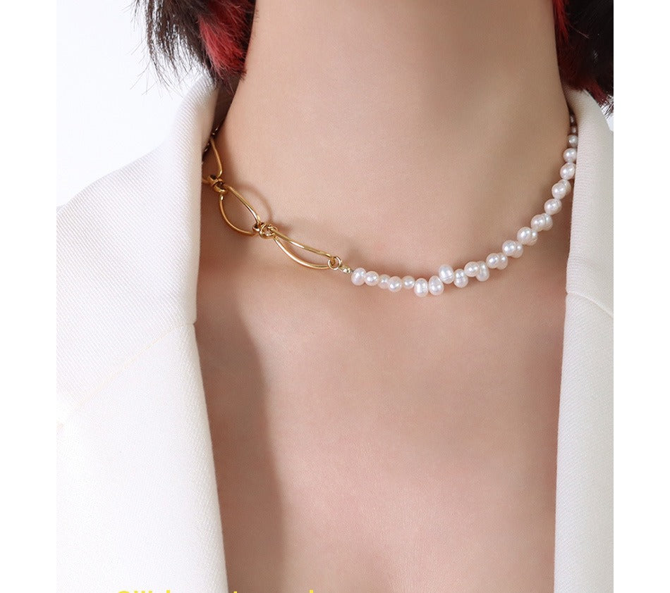 Stainless Steel 18K Gold Plated Barb Wire Chain Natural Half Rice Pearl Necklace for Women