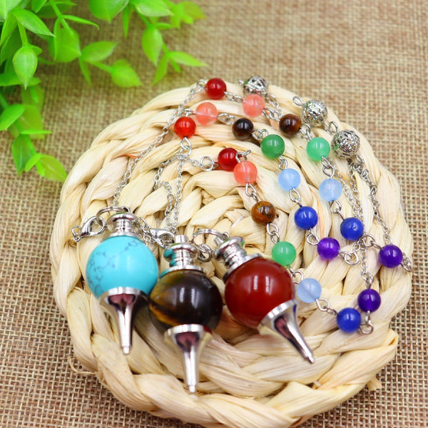 18MM Healing Gemstone Natural Stone 7 Chakra Red Agates Lapis Circular Cone Dowsing Pendulum