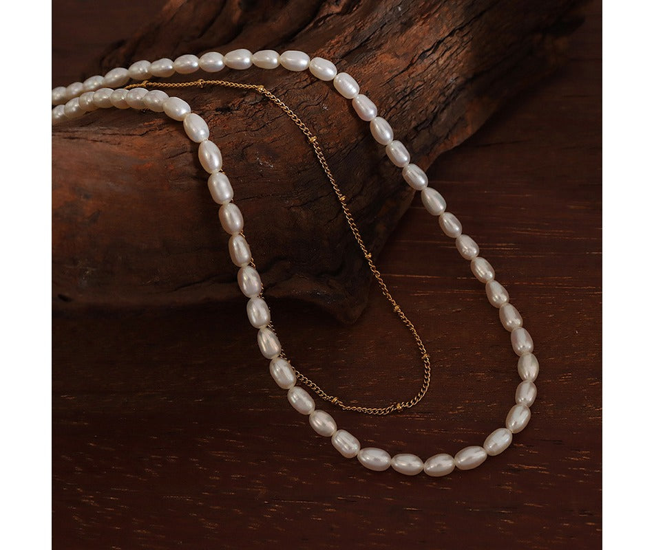 Women Elegant Stainless Steel Dainty Knot Chain Natural Freshwater Pearl Necklace Choker