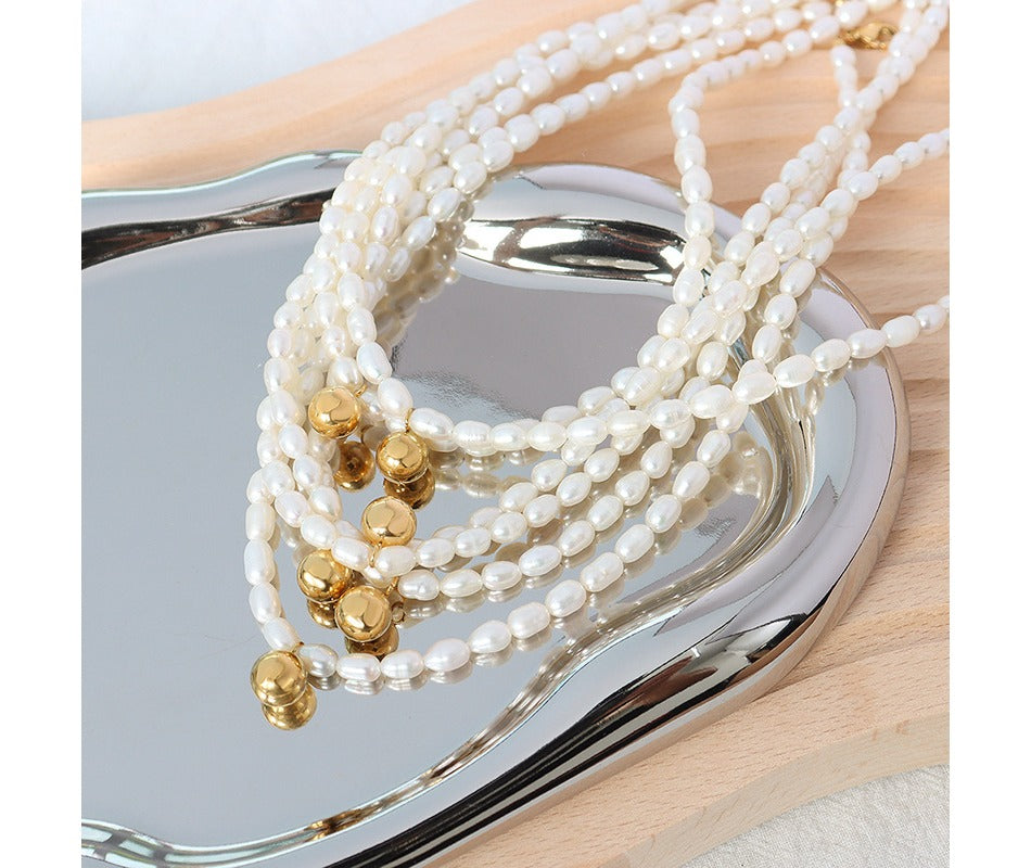 Elegant Collar Wedding Jewelry 18K Gold Plated Small Gold Ball Pendant Natural Pearl Beads Choker Necklace