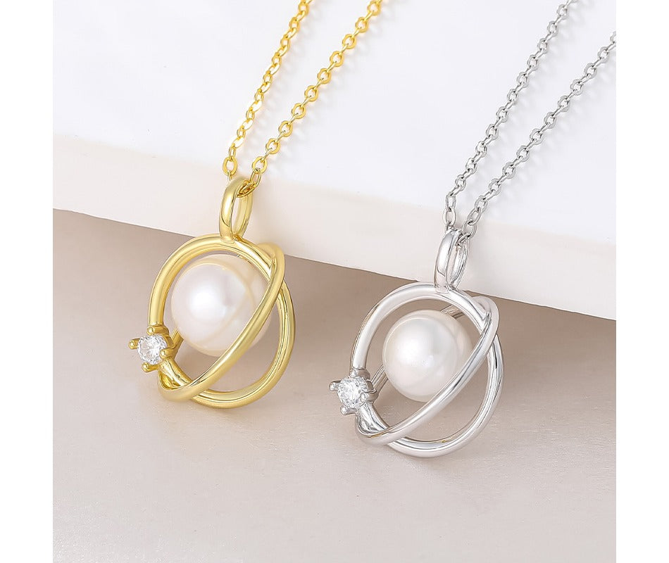 Women Fashion Jewelry 925 Sterling Silver Bling CZ Planet Natural Pearl Pendant Necklace