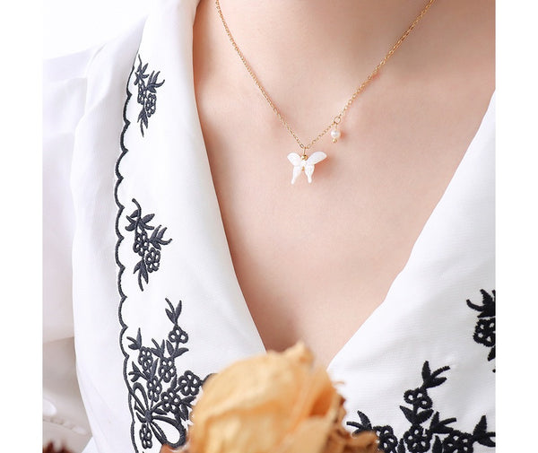 Korean 18K Gold Stainless Steel Link Chain Charm Butterfly Shell Pearl Pendant Necklace