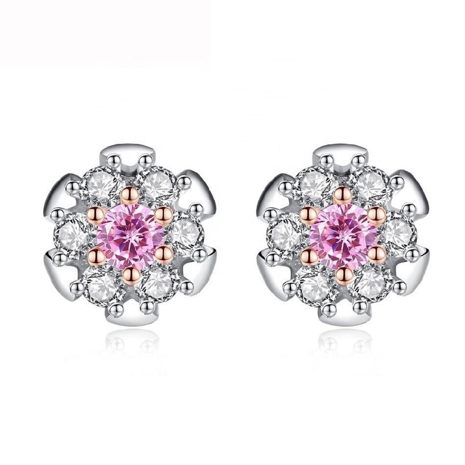 New Popular Flower Shape Pink Shining CZ Stud Earrings Real 925 Sterling Silver Luxury Earring for Women