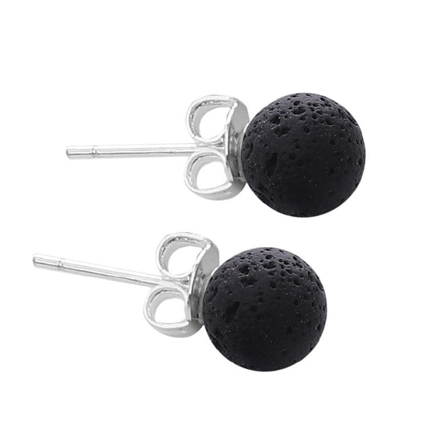 Punk Rock Essential Oil Diffuser Round Ball Ear Studs Natural Black Lava Stone Stud Earrings