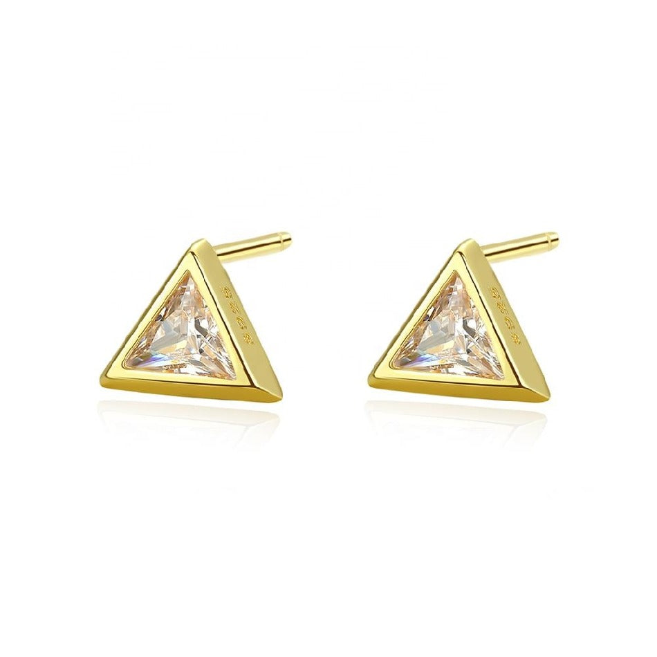 Gold Plating 925 Sterling Silver Triangle Shaped Stud Earrings With Clear CZ Minimalist Jewelry for Women