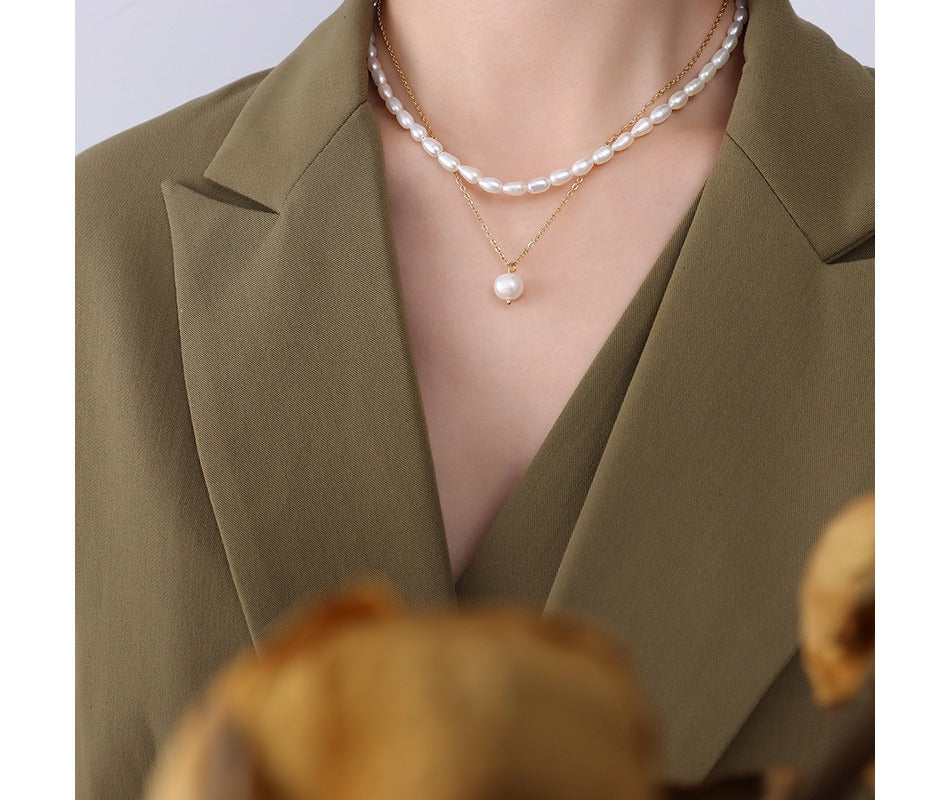 French Style Minimalist Stainless Steel Link Chain Natural Pearl Choker Necklace Set