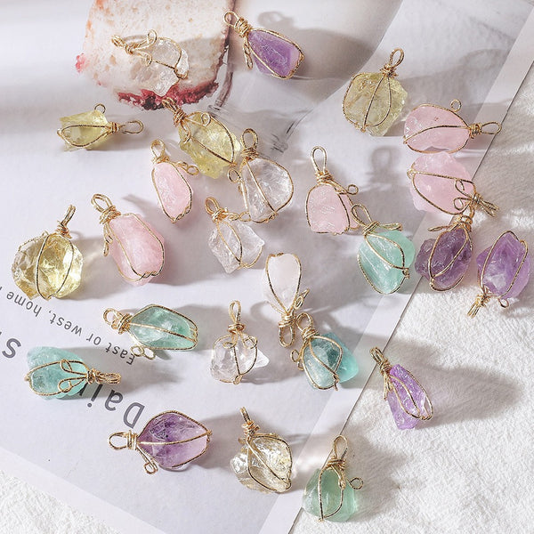 Women Trendy Irregular Gemstone Natural Stone Crystal Wire Wrap Rock Raw Clear Rose Quartz Pendant Necklace Jewelry