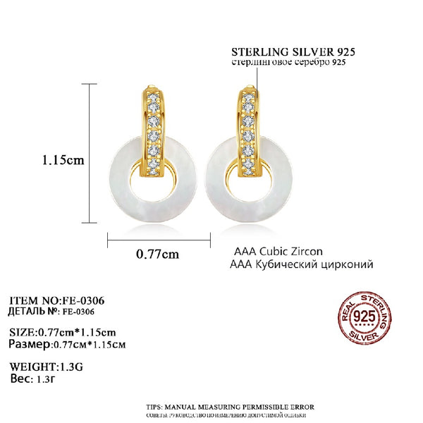 New Style White Mother of Pearl Shell Earrings S925 Sterling Silver Round Circle Hoop Earrings 18K Gold Plated Zircon Drop Earri