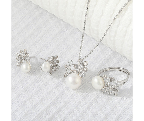 Fashion Charms Flower Natural Pearl Pendant Chain Necklace Stud Earrings Open Ring Jewelry Set Women's Creative Gifts