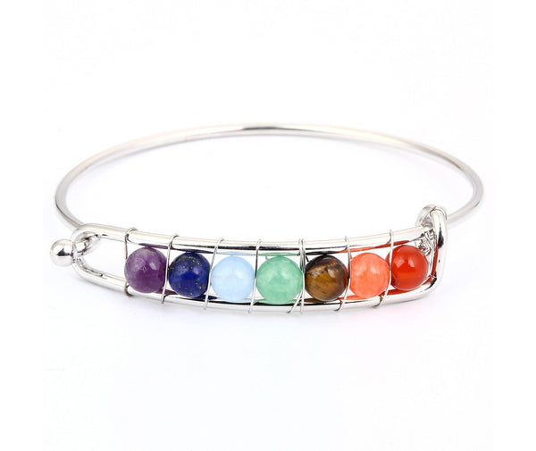 New Arrival Fashion Silver Gold Color Natural Healing Yoga Stone 7 Chakra Cuff Bangle Bracelet for Unisex