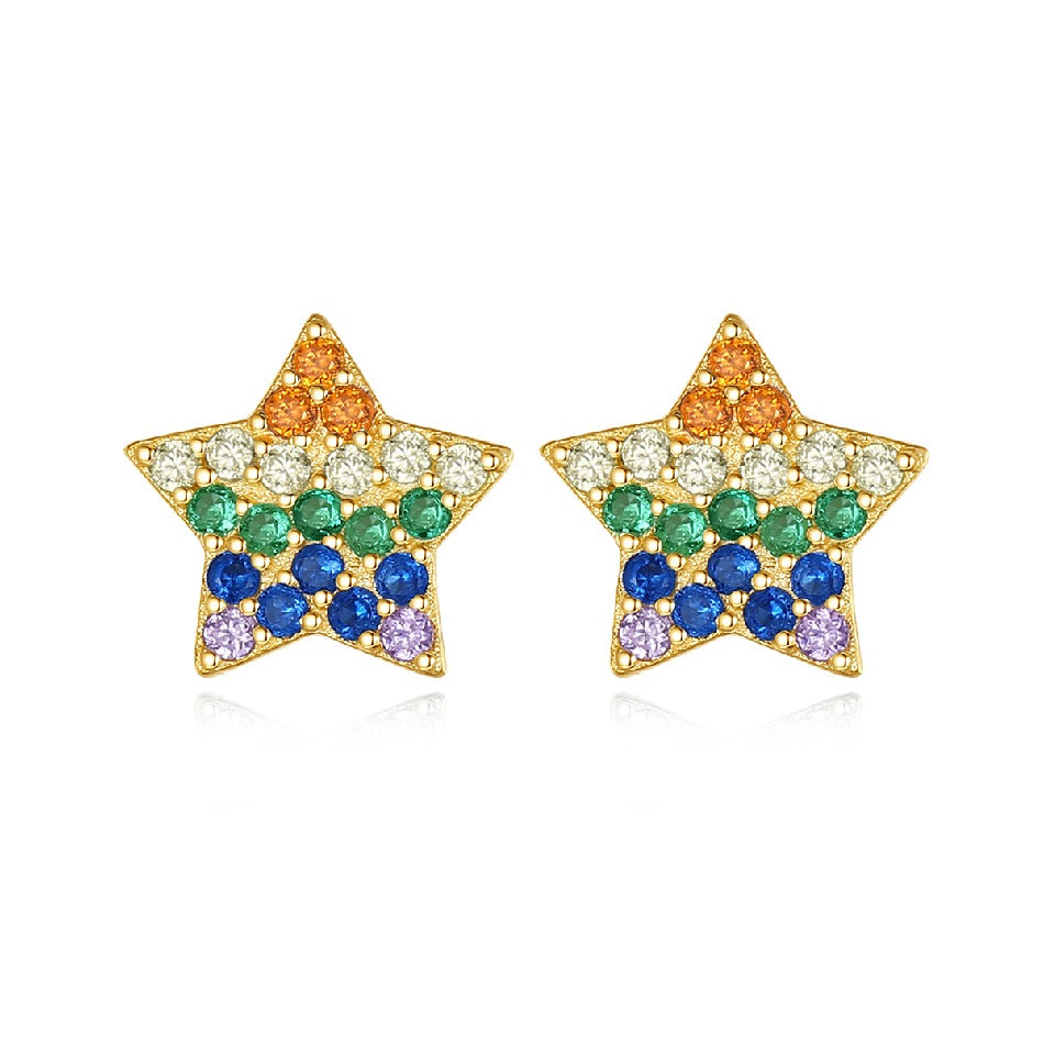 Fashion Gold Plated Silver Star Earrings Pave Colorful Rainbow S925 Sterling Silver CZ Dainty Geometric Earring Stud for Girl