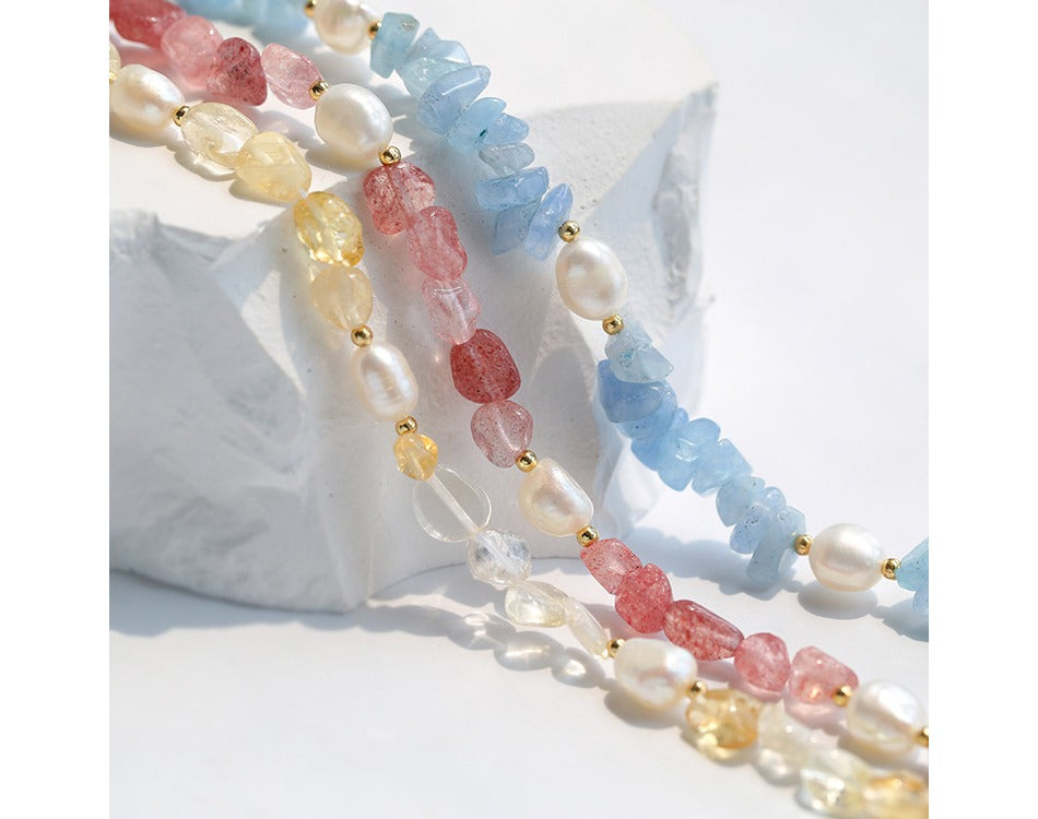 Bohemian Luxury 18K Real Gold Women Long Red Blue Yellow Irregular Natural Stone Freshwater Pearl Necklace with O Toggle Connect