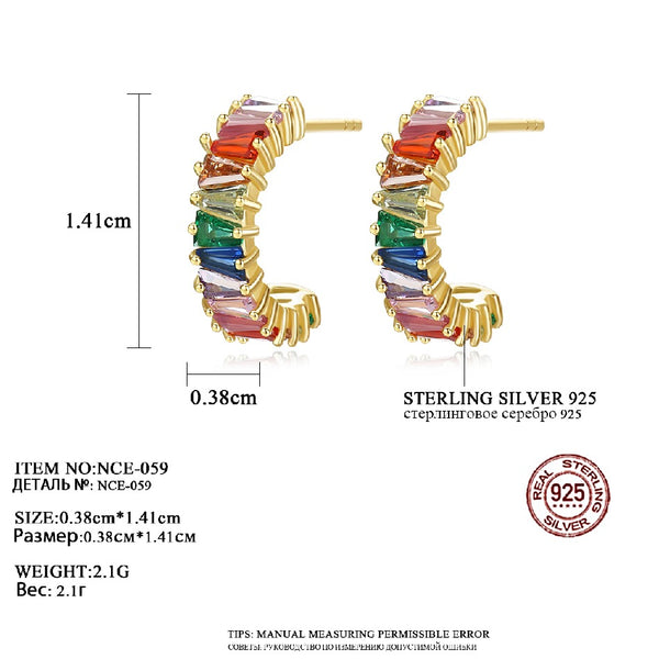 Factory Wholesale New 925 Sterling Silver Rainbow Earrings for Women Multicolor Cubic Zircon Cuff Huggie Earrings