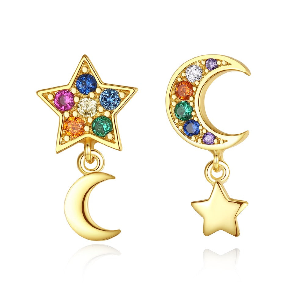 Factory 925 Sterling Silver Jewelry 18K Gold Plated Moon Star Earrings Shiny Zircon Moon Dangle Earrings for Women Gift