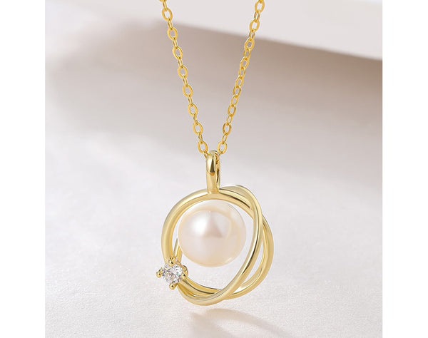 Women Fashion Jewelry 925 Sterling Silver Bling CZ Planet Natural Pearl Pendant Necklace