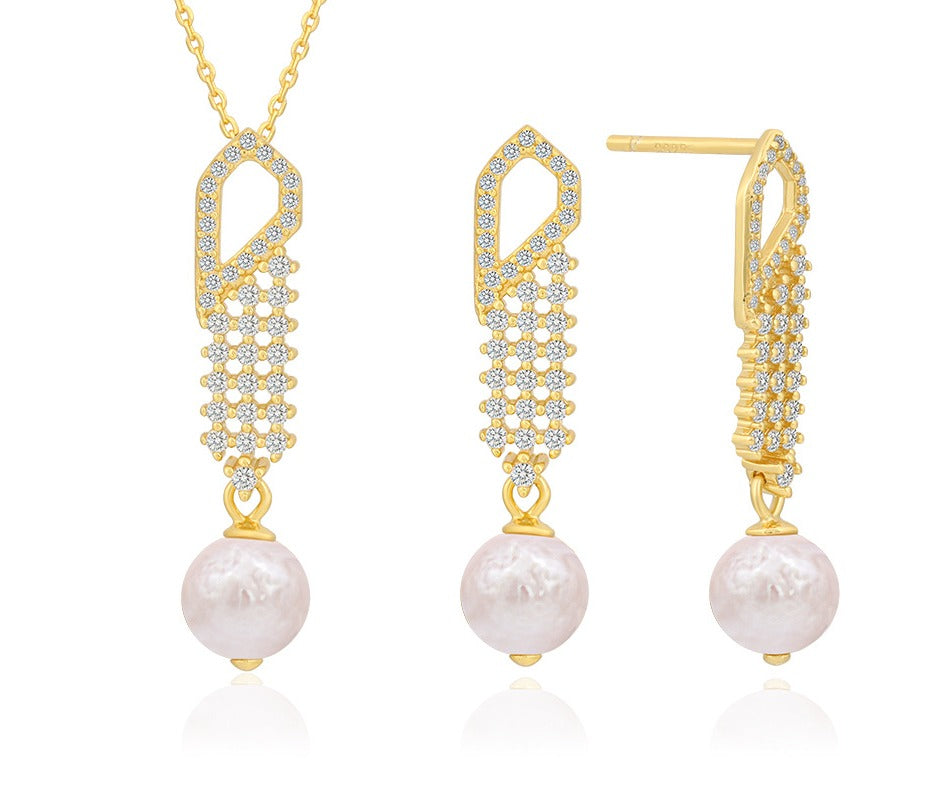 New Designer Style Women Shiny Zircon Gold Color Geometric Irregular Necklace Earrings Baroque Natural Pearl Jewelry Set