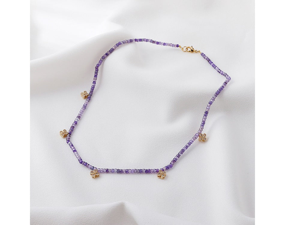 Bohemian Trendy Jewelry Faceted Beads Natural Stone Flower Charms Dangle Purple Agate Choker Necklace