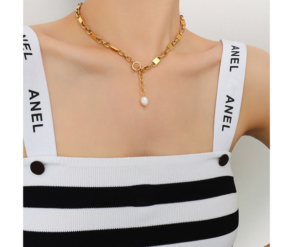 Luxury Titanium Steel 18K Gold Plated Lock Style Chain Natural Freshwater Lariat Pearl Necklaces