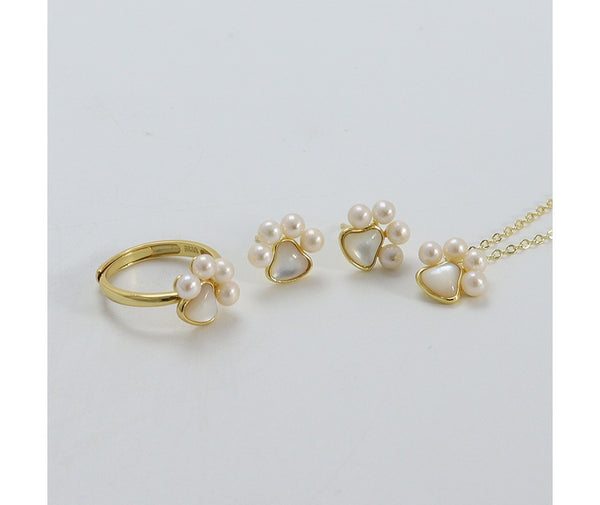 Korean Style Cute Freshwater Natural Pearls Gold Plated Women Necklace Bracelet Earrings Ring Bear Paw Jewelry Set