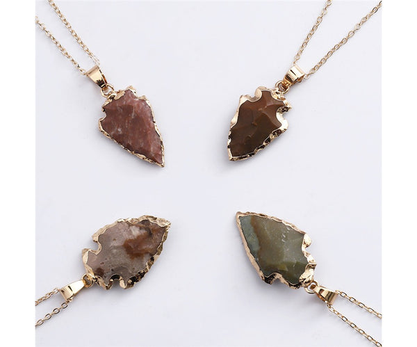 Statement Gold Plated Geometric Fancy Agate Picture Jasper Black Obsidian Antique Arrow Natural Stone Pendants