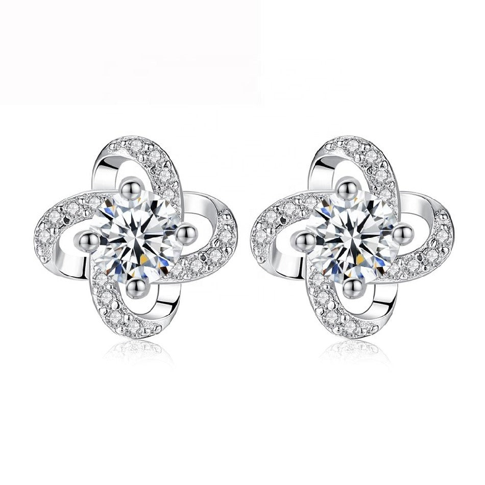 Simple Flower Shape Silver Zircon High Quality Genuine 925 Sterling Silver Stud Earrings