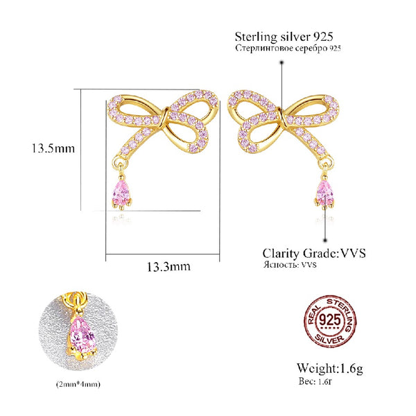 925 Sterling Silver Bowknot Earring Pink CZ Stud Earrings 18K Gold Plated Cute Jewelry Water Drop Earrings for Girl Design