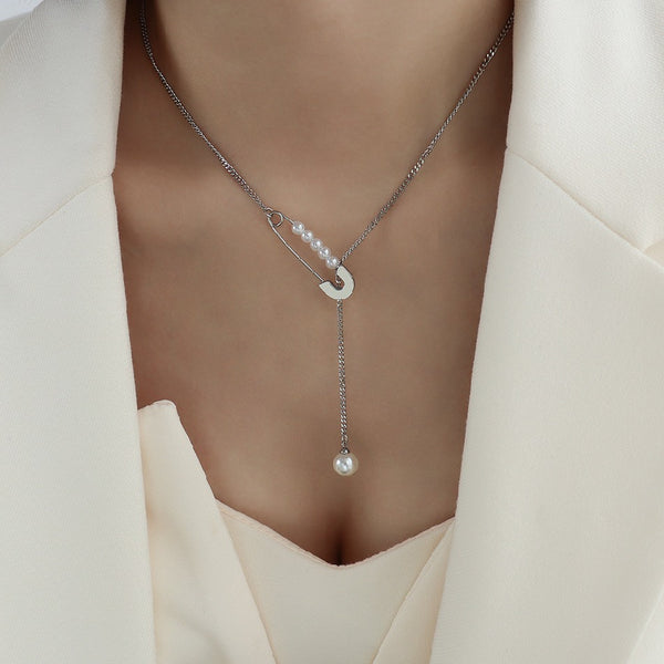 Wholesale French Stainless Steel Dainty Women Tassel Pearl Pin Lariat Pendant Necklace