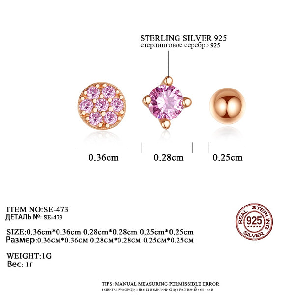 3 Pairs Rose Gold & S925 Sterling Silver Cute Minimalist Earrings for Women Girls CZ Round Stud Earrings Jewelry