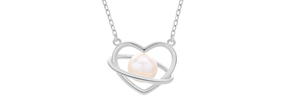 2022 Statement Planet 925 Sterling Silver Natural Freshwater Pearl Heart Saturn Necklace for Women