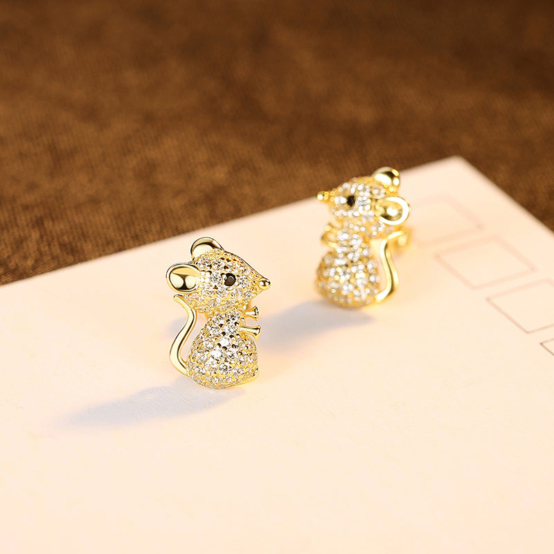 Fashion Cute Animal Jewelry 925 Sterling Silver Mouse Earrings Cubic Zircon Pave Set CZ Stud Earrings for Girls