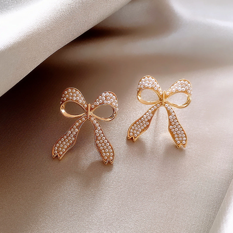 Sweet Korean Jewelry Golden Plating Simulated Pearls Stud Drop Bowknot Earrings For Girls