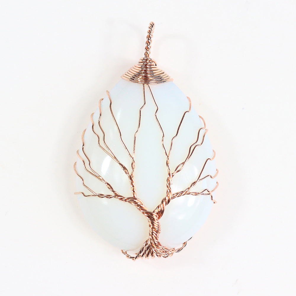 Rose Gold Plated Trendy Jewelry Reiki Healing Natural Stone Amethyst Tree of Life Wire Wrap Waterdrop Pendant