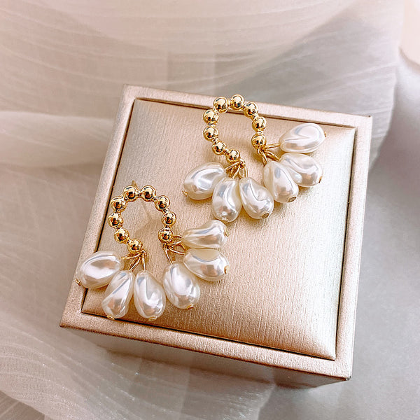 Korean Style Handmade Gold Textured Beaded Hoop Tassel Dangling Baroque Pearls Earrings for Women