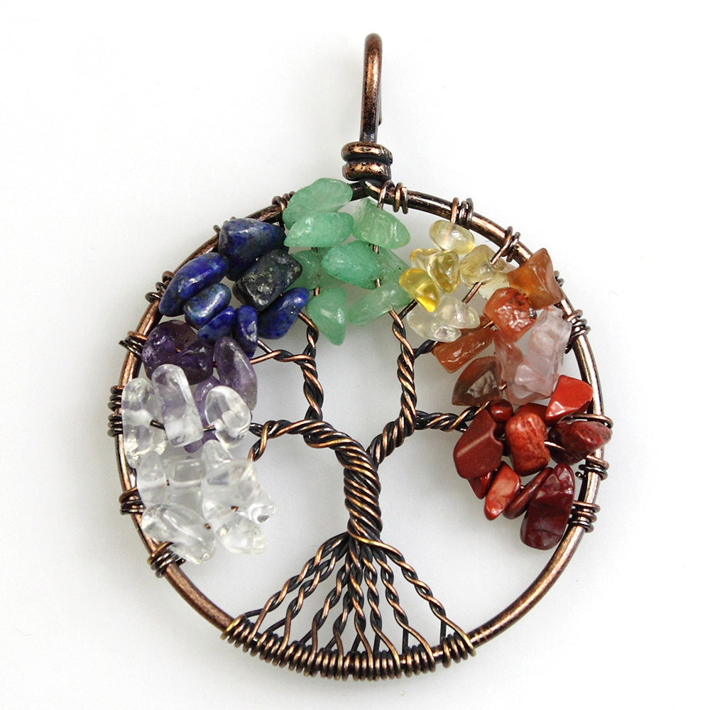 40MM Antique Bronze Plated Wire Wrapped Natural Stone 7 Chakra Amethyst Rainbow Tourmaline Round Tree Of Life Pendants