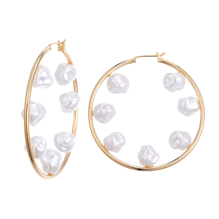 Fashion 18K Real Gold Plated Women Trendy Fashion Statement Jewelry Big Circle Pearl Hoop Earrings