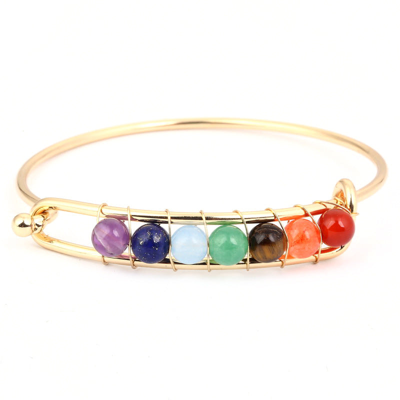 New Arrival Fashion Silver Gold Color Natural Healing Yoga Stone 7 Chakra Cuff Bangle Bracelet for Unisex