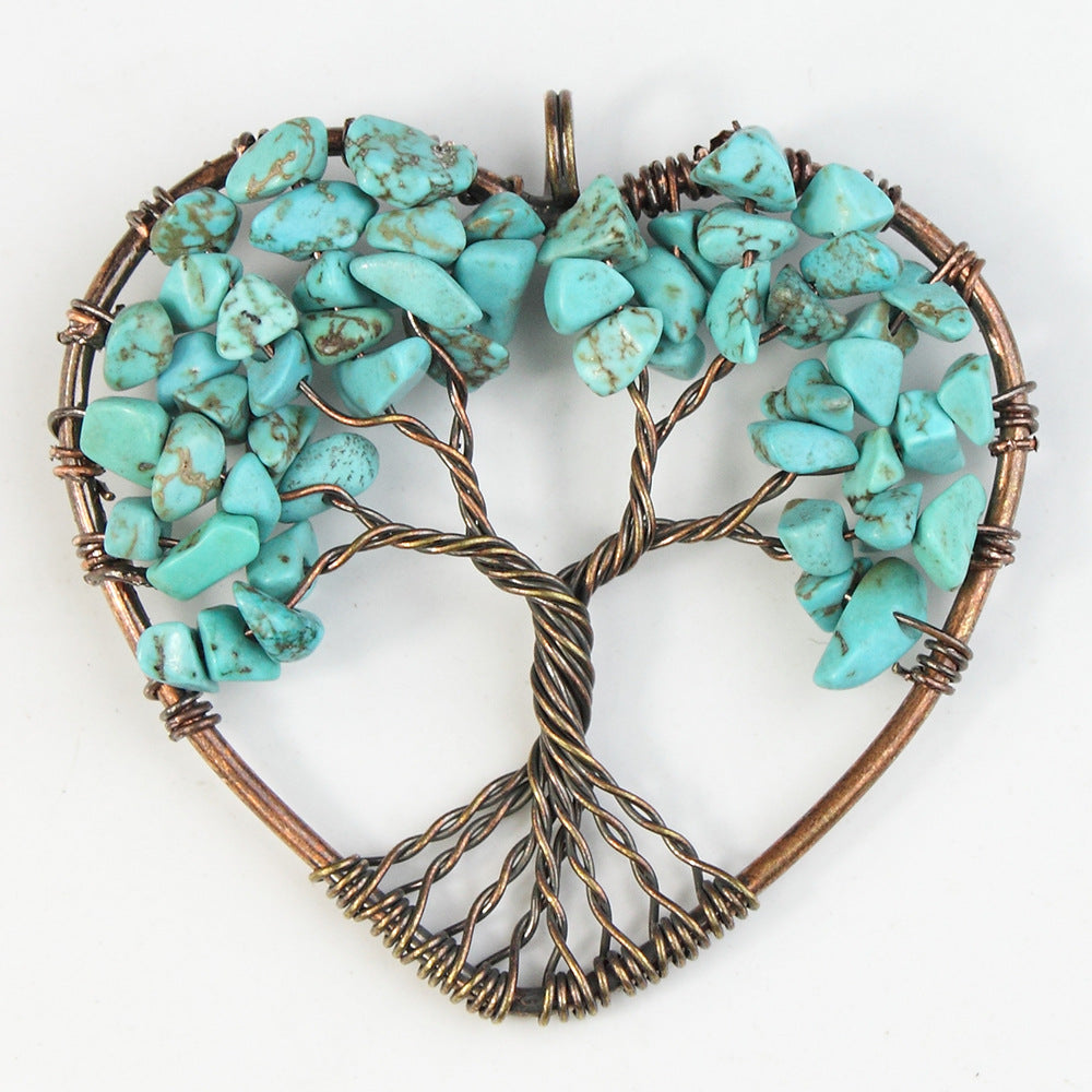 48MM 7 Chakra Chips Natural Stone Bronze Wire Wrapped Heart Shape Tree Of Life Pendants