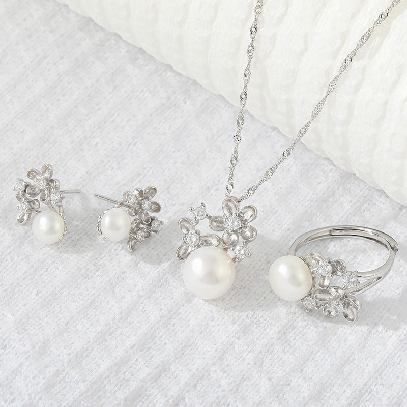 Fashion Charms Flower Natural Pearl Pendant Chain Necklace Stud Earrings Open Ring Jewelry Set Women's Creative Gifts