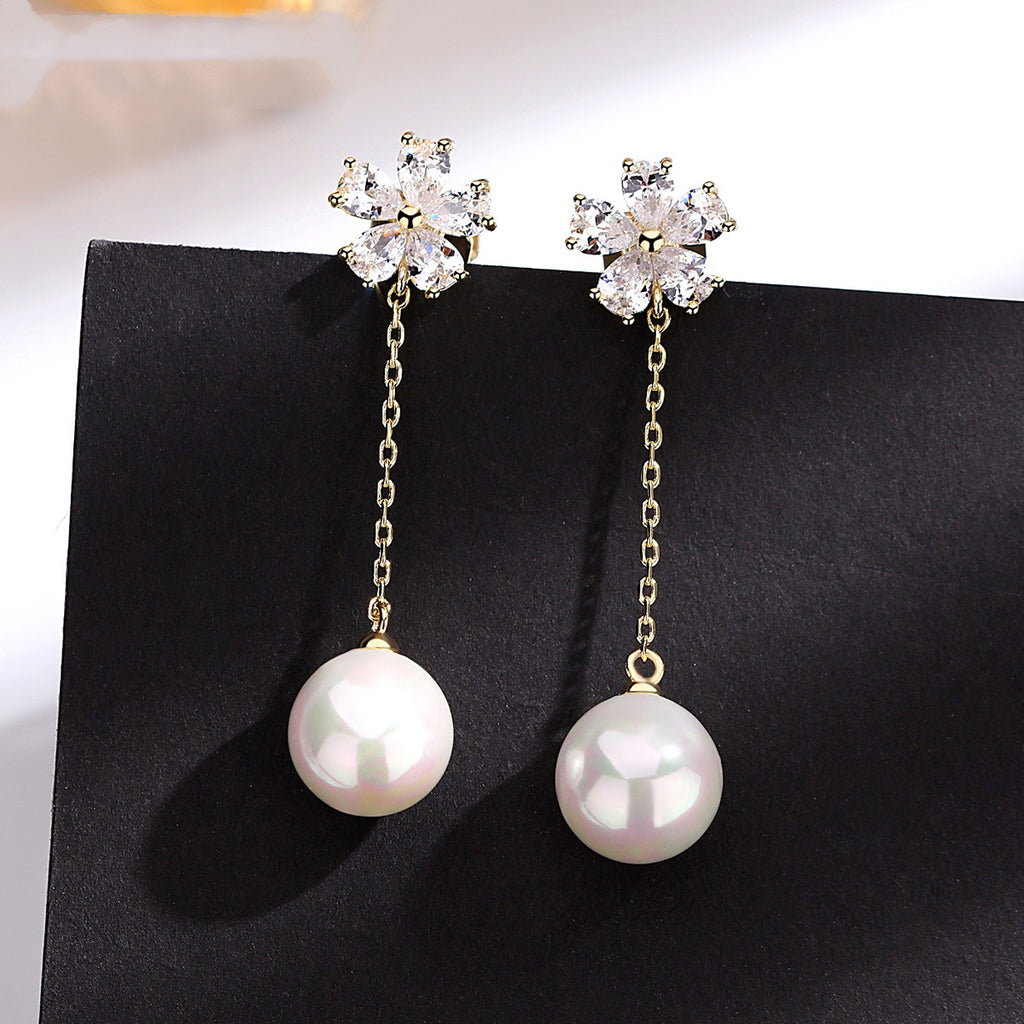 Elegant Chian Round Dazzling Crystal Pearls Earrings For Women Engagement Jewelry