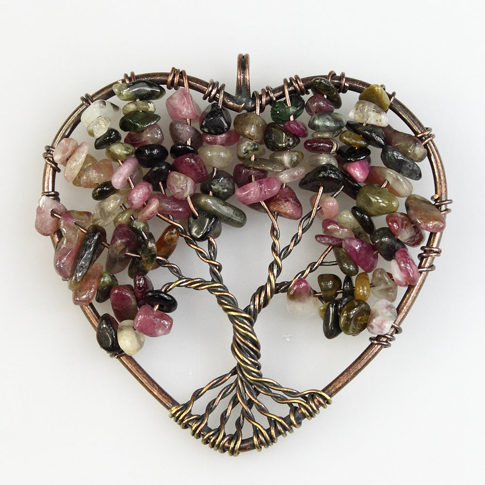 48MM 7 Chakra Chips Natural Stone Bronze Wire Wrapped Heart Shape Tree Of Life Pendants