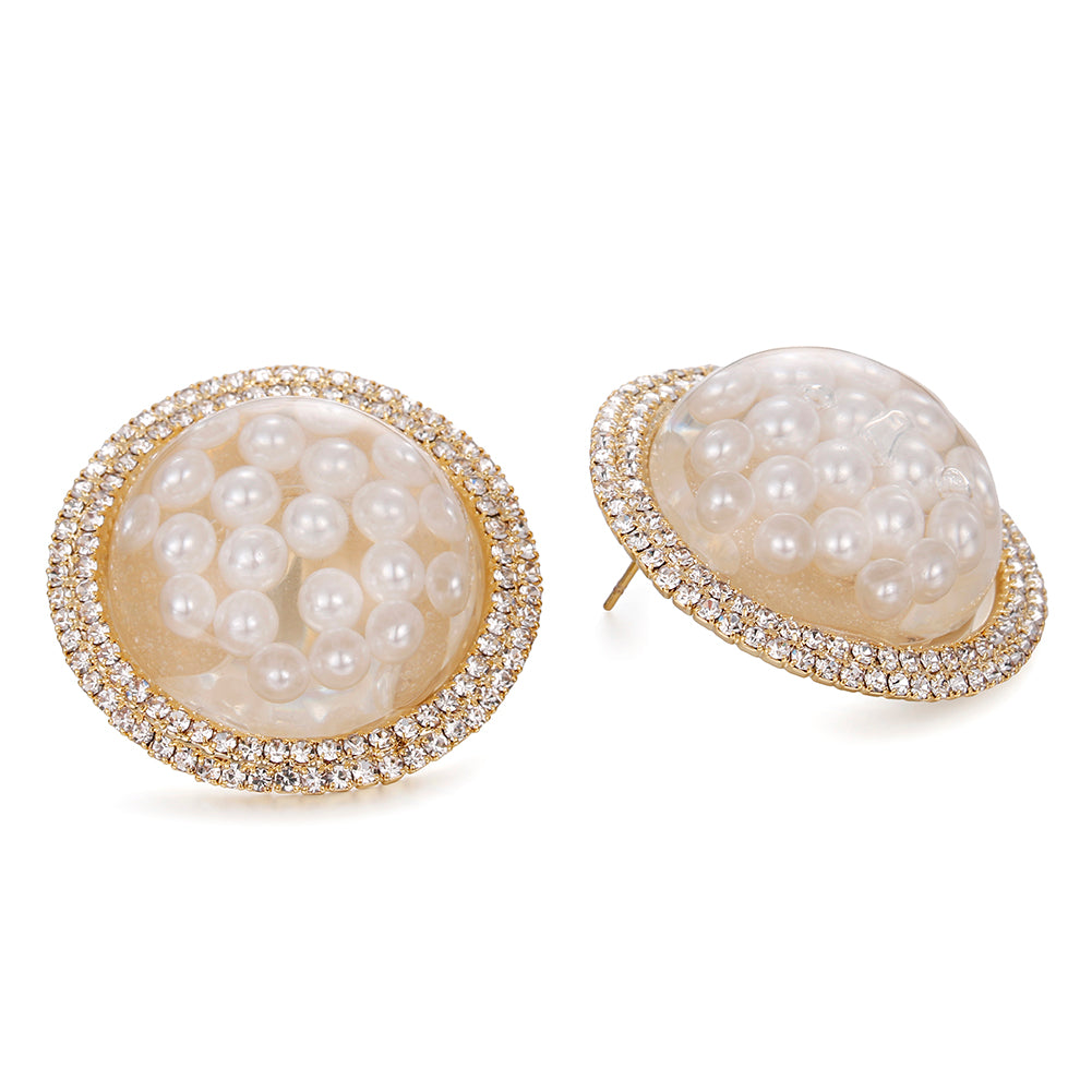 New Fashion Queen Fan Earrings Gold-plated Pearl Inlaid Rhinestone Spherical Earrings