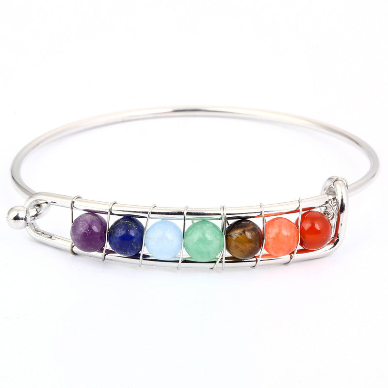 New Arrival Fashion Silver Gold Color Natural Healing Yoga Stone 7 Chakra Cuff Bangle Bracelet for Unisex