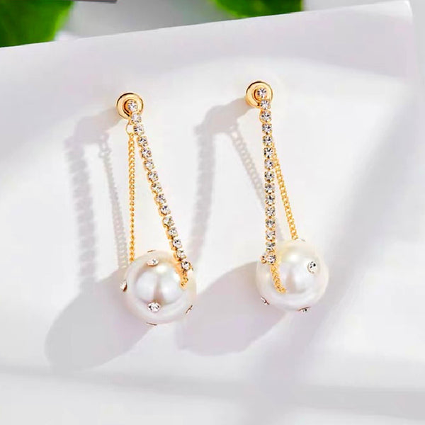 Korean Fashion Jewelry Full Crystal Tassel Women Vintage Long Water Drop Pearl Earring