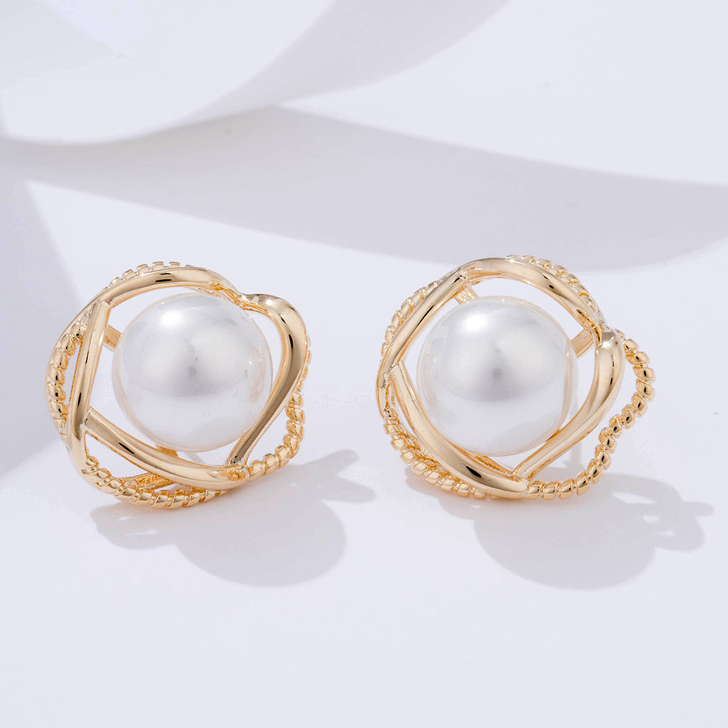 Luxury Classic Simple Geometric Gold Big Freshwater Pearl Earring Studs Pearl Gift For Women