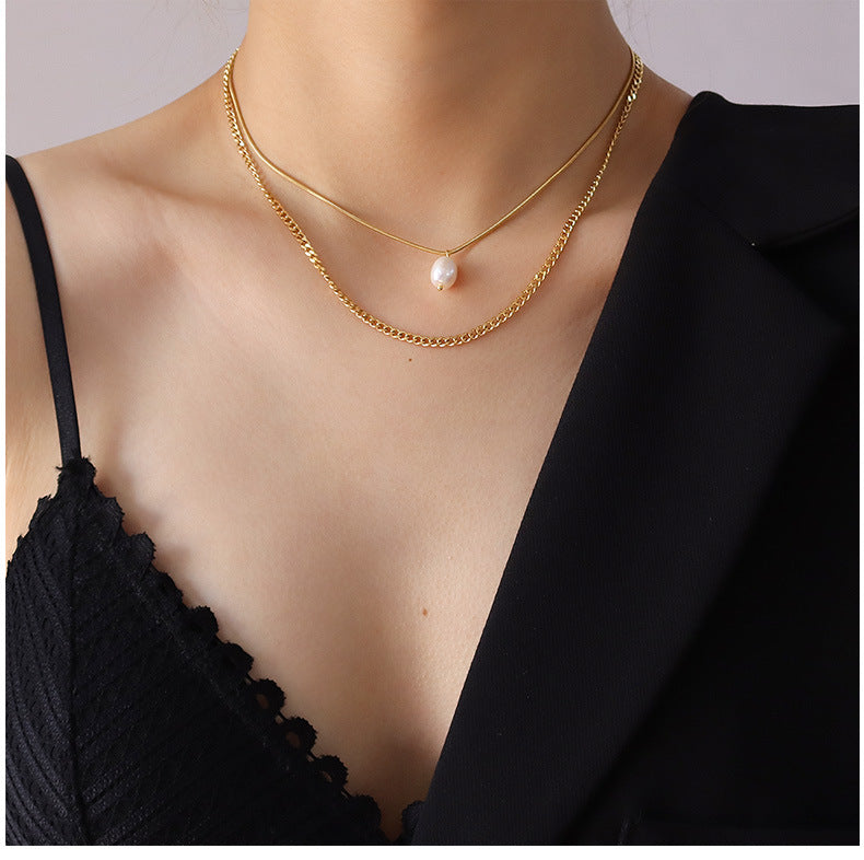 Fashion Trendy Collar Jewelry 3 Layers Geometric Face Natural Pearl Pendant Clavicle Link Chain Layered Necklace