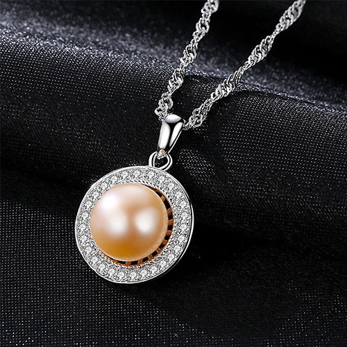 Fashion 925 Sterling Silver Jewelry Micro Inlaid 3A Zircon 9MM Natural Freshwater Pearl Necklace