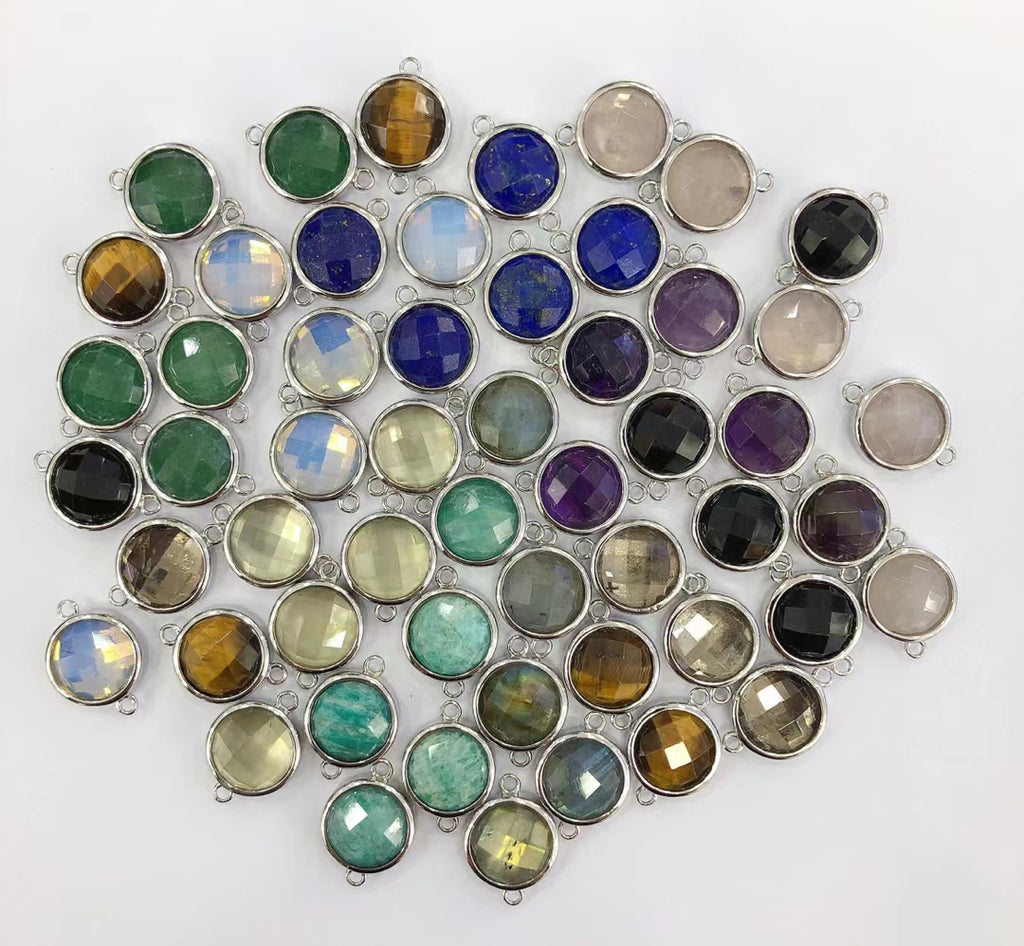 Wholesale Charms Natural Stone Links Agate Lapis Hexagon Round Faceted Cutting Mix Gemstone Pendants for Necklace